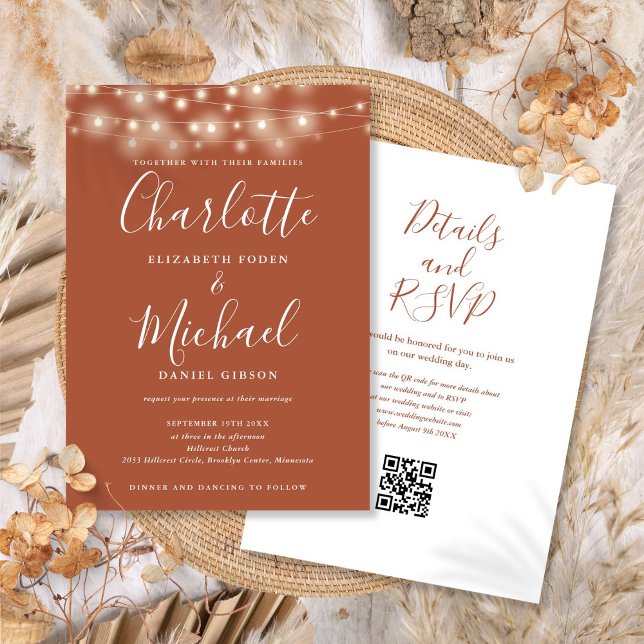 Invitation Éclairage Guirlande de Noël Script Terracotta Code (String Lights Script Terracotta QR Code Wedding Invitation)
