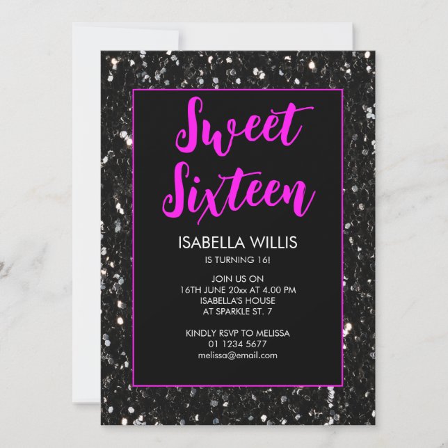 Invitation Éclairage noir Sweet 16 néon rose élégant script (Devant)