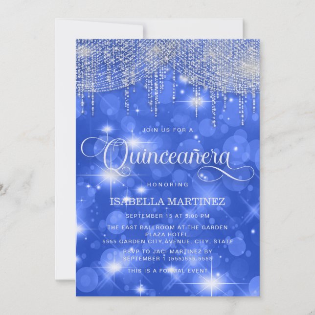 Invitation Éclairage Royal Blue String Quinceañera (Devant)