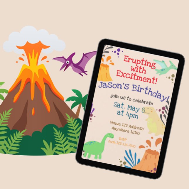 Invitation Éclatant d'Excitement Anniversaire Dinosaure Volca (Créateur téléchargé)