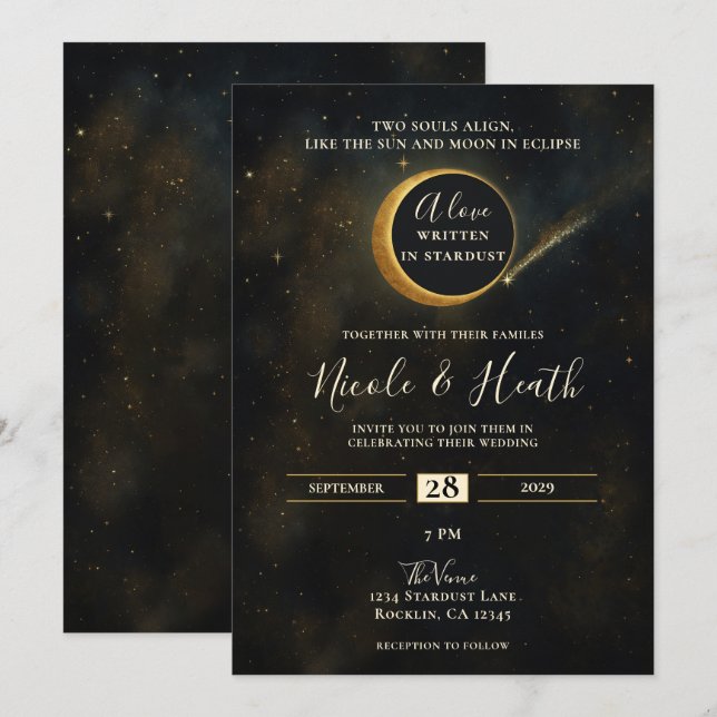 Invitation Éclipse de poussière d'étoile dorée Mariage célest (Devant / Derrière)