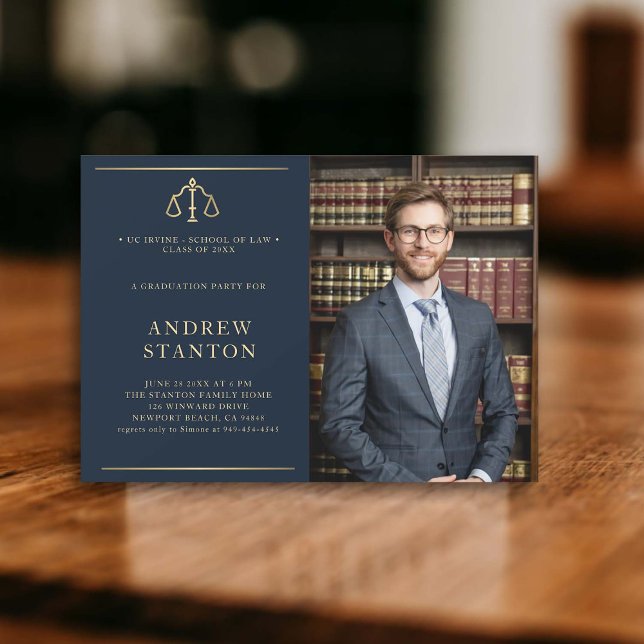 Invitation École de droit - Échelles d'études Photo Marine mo (law school graduation party invitation photo gold scales of justice elegant modern classy navy blue)