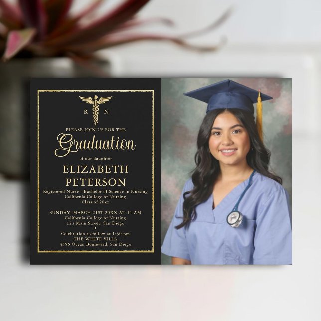 Invitation École de l'infirmière Caduceum Gold Frame Noir (nursing school graduation gold caduceum frame contemporary modern photo nurse black elegant classy)