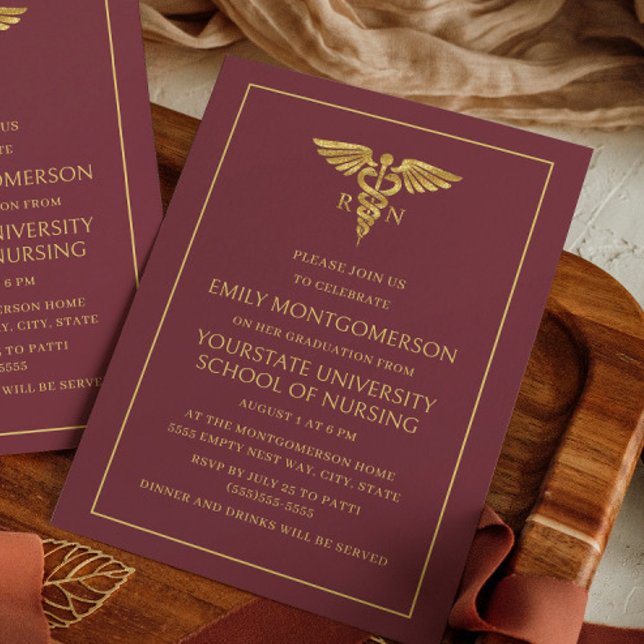 Invitation École de sciences infirmières de Bourgogne moderne (Modern burgundy and gold nursing school graduation party invitation)