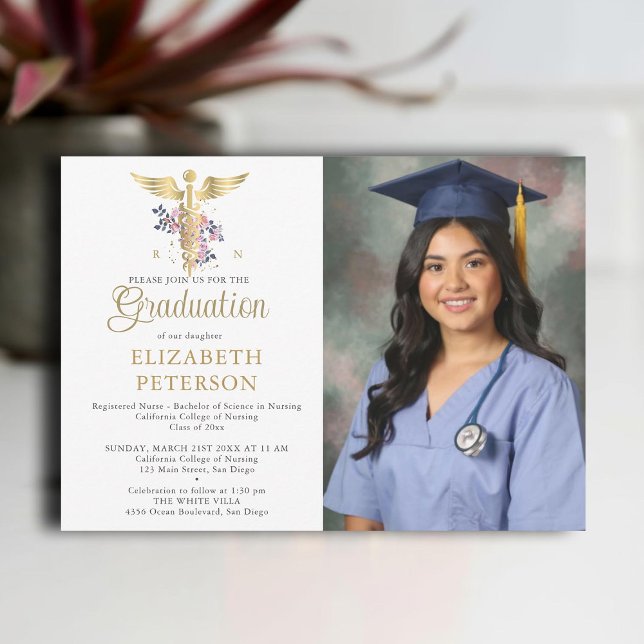 Invitation École de soins infirmiers Caduceum Purple Roses (nursing school graduation gold caduceum purple roses greenery floral contemporary modern photo nurse)