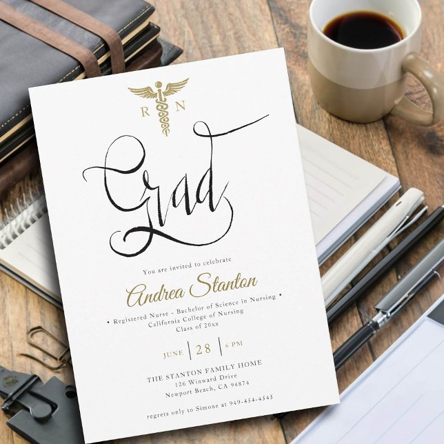 Invitation École des infirmières Caduceum Grad Calligraphie (nurse graduation party invitation gold caduceum grad calligraphy elegant classic modern black white)