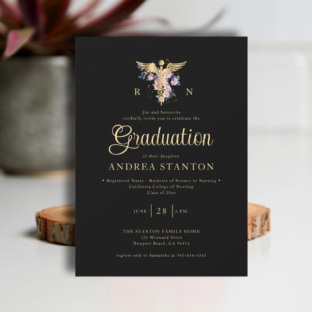 Invitation Ecole d'infirmière Rose Moderne Noir (nurse nursing school graduation gold caduceum contemporary modern elegant simple purple roses black)