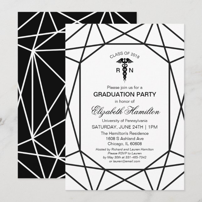 Invitation École d'infirmières Caduceus Chic Noir & Blanc (Devant / Derrière)