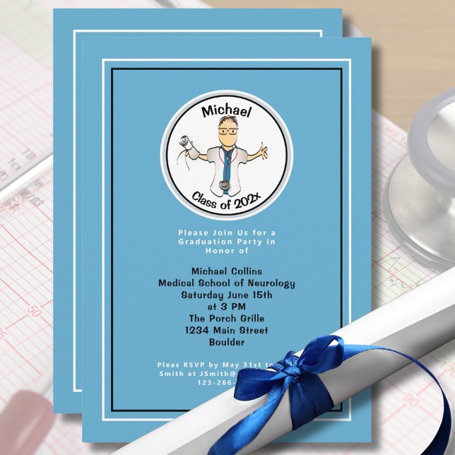 Invitation École Médicale drôle pour lui Bleu Graduation (Créateur téléchargé)