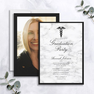 Invitation École Médicale Noir Marbre Blanc Photo Graduation