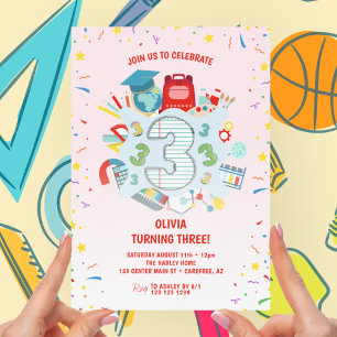 Invitation École thème rose 3e fête d'anniversaire