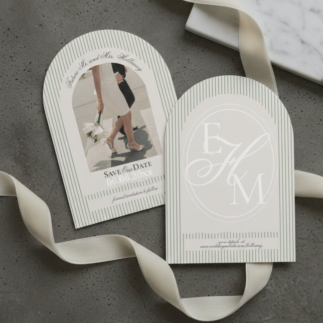 Invitation Économies anciennes de script de rayure verte Phot (Old Money Script Green Stripe Photo Save the Date Invitation)