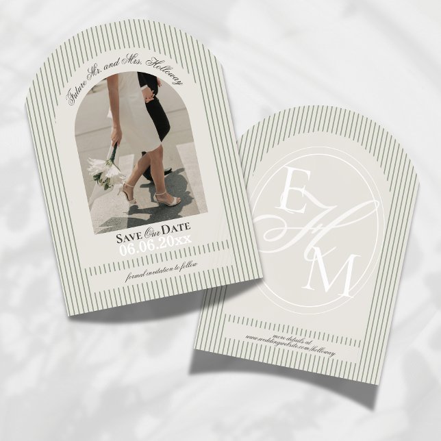 Invitation Économies anciennes de script de rayure verte Phot (Invite guests to mark their calendars for your wedding with this Old Money Stripe Save the Date!)