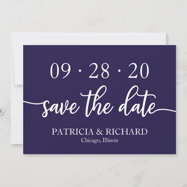 Invitation Économisez la date de mariage chic script bleu mar (Devant)