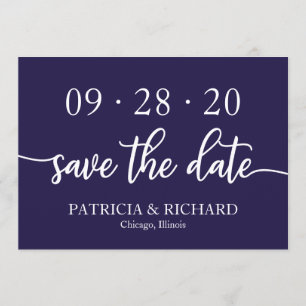 Invitation Économisez la date de mariage chic script bleu mar