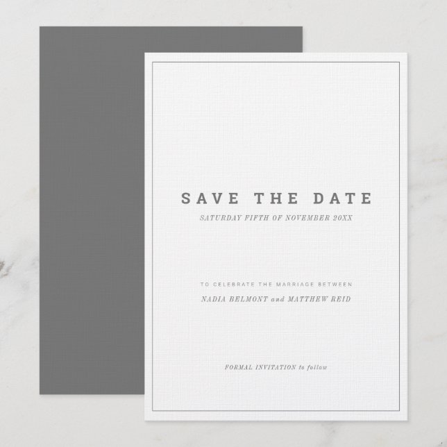 Invitation Économisez la date de mariage minimal gris blanc v (Devant / Derrière)