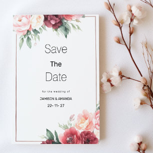 Invitation Économisez la date en floral aquarelle rose et bur