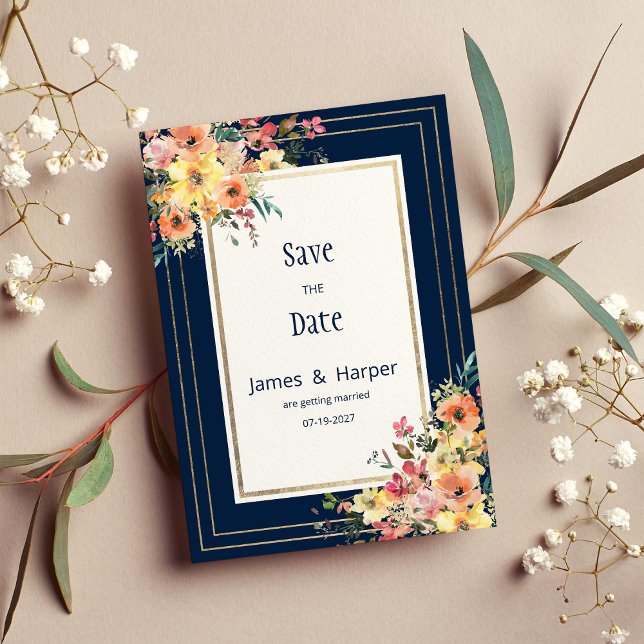 Invitation Économisez la date florale or rose bleu marine (Navy blue pink orange gold floral Save the Date)