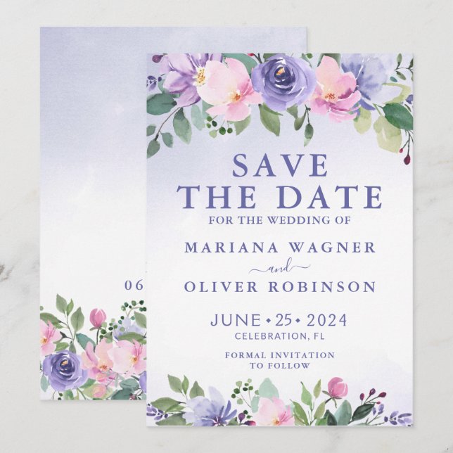 Invitation Économisez la date moderne florale rose violet (Devant / Derrière)