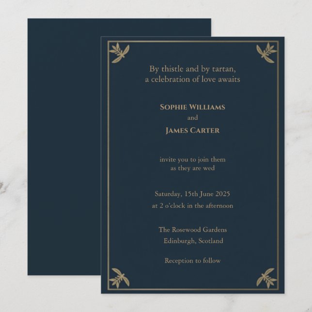 Invitation Écossais Tartan Navy Or Botanical Leaf Corner Nous (Devant / Derrière)