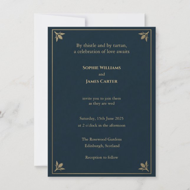 Invitation Écossais Thistle Tartan Navy Or Diamant Crest We (Devant)