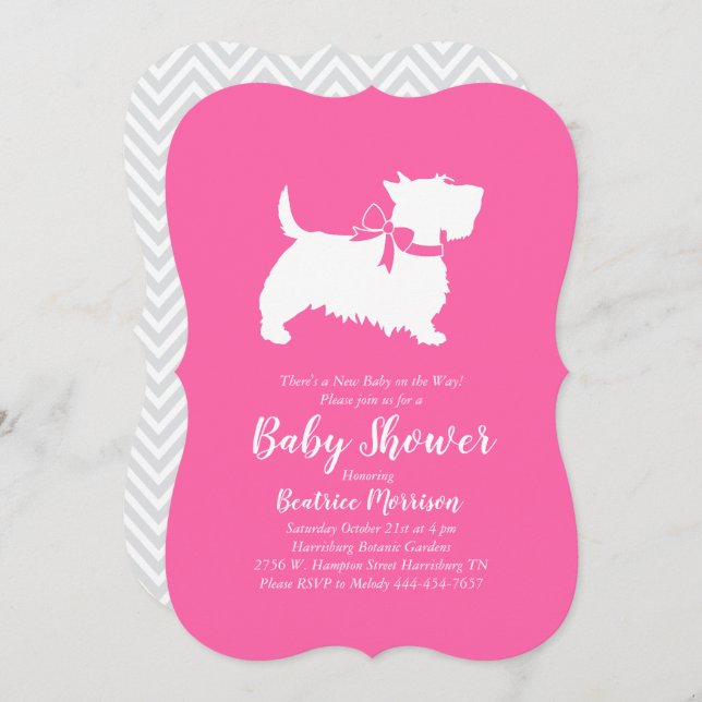 Invitation Écossaise Terrier Chien Baby shower Rose Girl (Devant / Derrière)