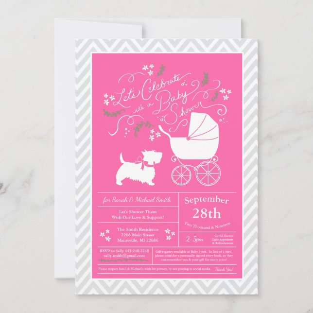 Invitation Écossaise Terrier Chien Baby shower Rose Girl (Devant)