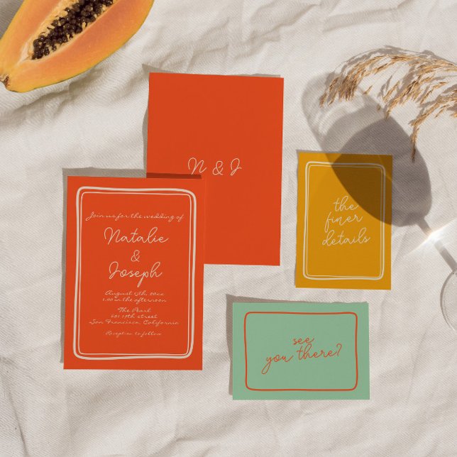 Invitation Écrit à la main Bright Orange Retro Mariage unique (Créateur téléchargé)