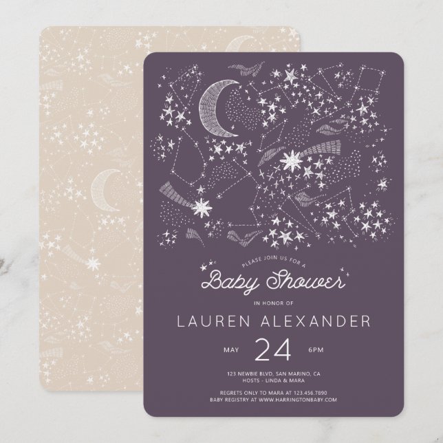 Invitation Écrit dans le Baby shower des étoiles Eggplant (Devant / Derrière)