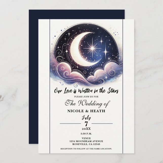 Invitation Écrit dans Stars Aquarelle Moon Mariage (Devant / Derrière)