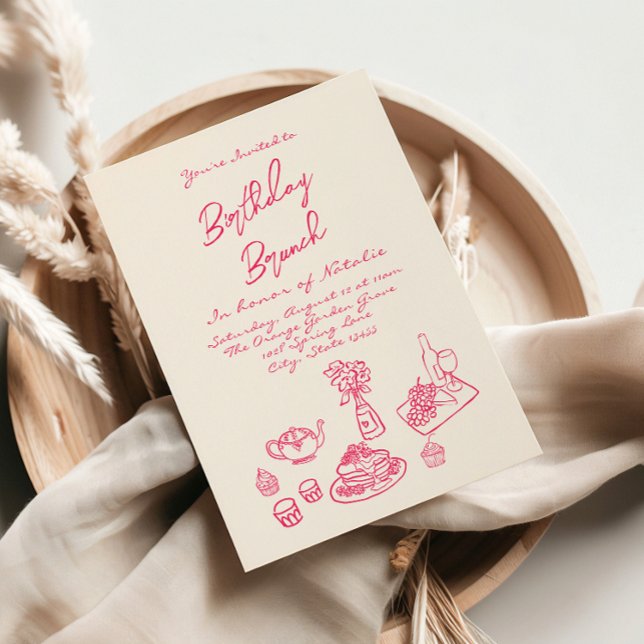 Invitation Ecrit main dessiné rose Quirky Brunch Anniversaire (Créateur téléchargé)