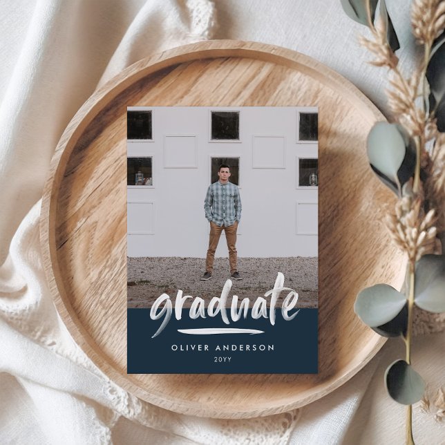 Invitation Écriture bleu marine moderne 3 photo graduation de (Créateur téléchargé)