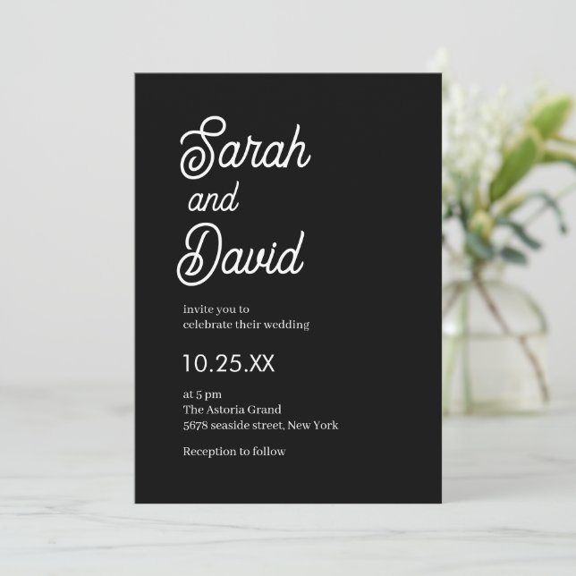 Invitation Écriture calligraphique classique mariage noir et  (Debout devant)