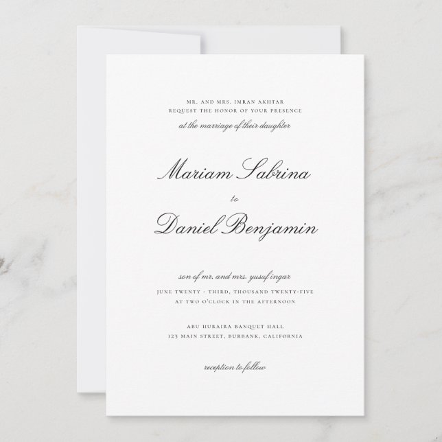 Invitation Écriture Calligraphique Élégante Mariage Noir et B (Devant)