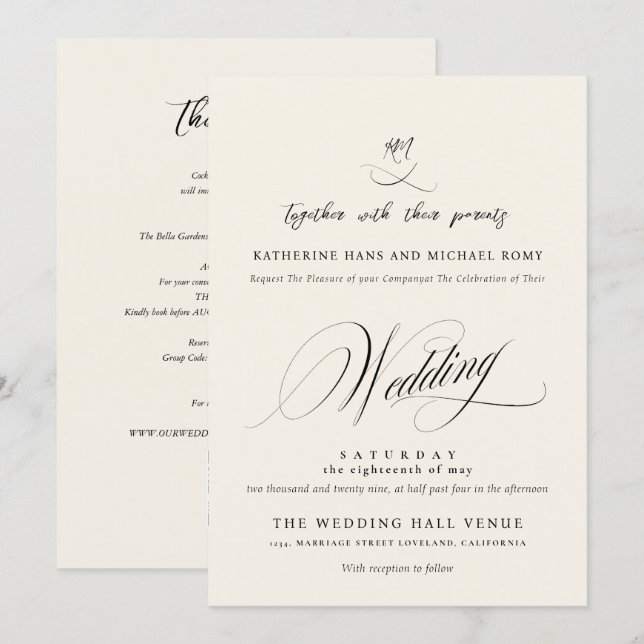 Invitation Écriture Calligraphique Élégante Romantique de Mar (Devant / Derrière)