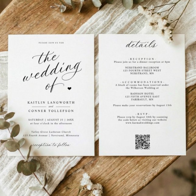 Invitation Écriture Calligraphique Élégante Tout en Un Mariag (Elegant script all in one wedding invitations with details and qr code on back.)