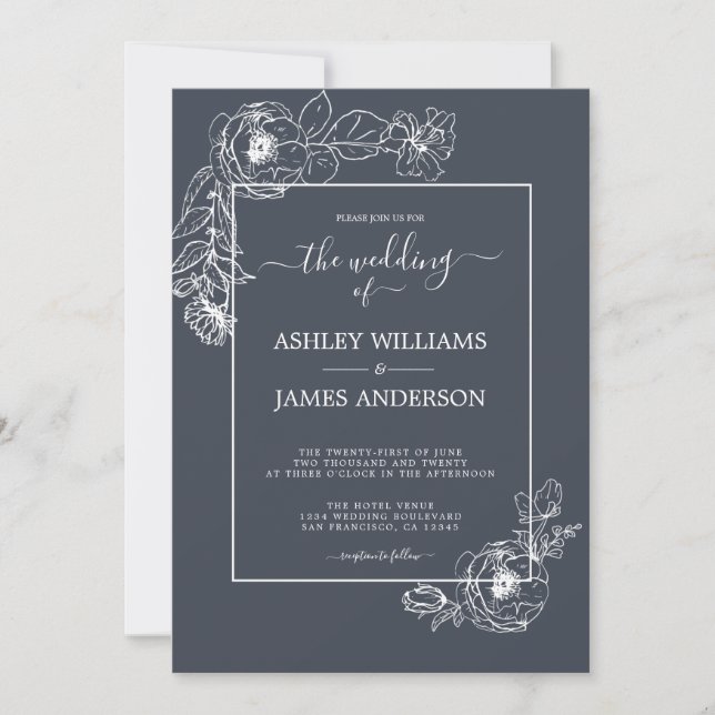 Invitation Écriture Chic Blanc Floral Outline Mariage bleu fo (Devant)