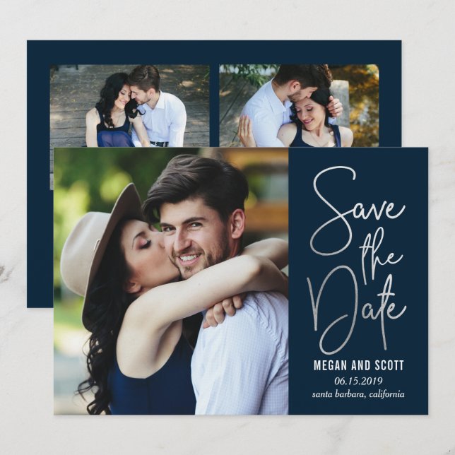 Invitation Écriture Chic ÉDITABLE COULEUR Save The Date Argen (Devant / Derrière)