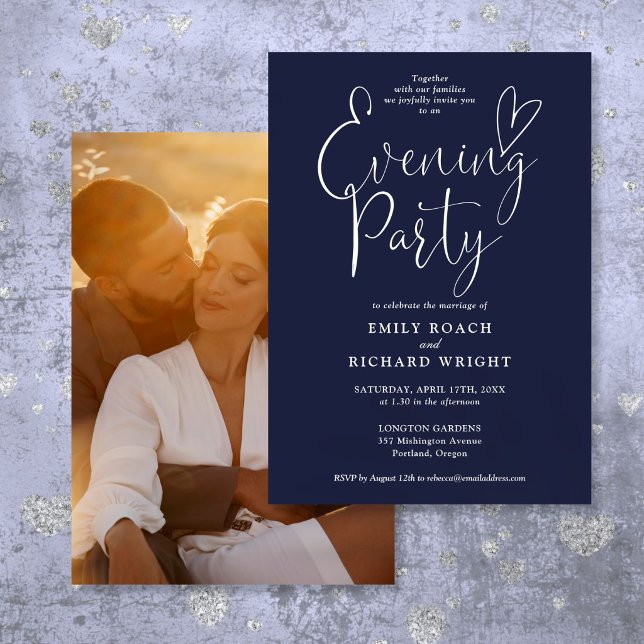 Invitation Écriture Chic Photo Bleu Nuit Mariage Soirée (Chic Script Photo Navy Blue Wedding Evening Party Invitation)