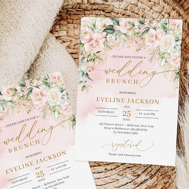 Invitation Écriture chic rose pastel roses sauge brunch maria (Chic watercolor blush flowers eucalyptus gold wedding brunch invitation template)