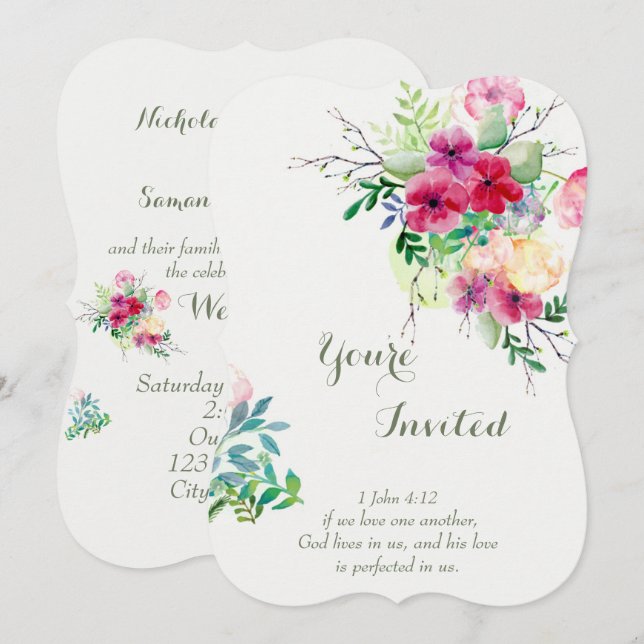 Invitation Écriture chrétienne Romantique Fleurs Mariage (Devant / Derrière)