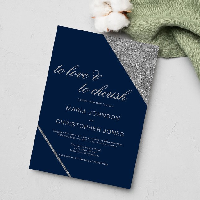 Invitation Écriture classique argent parties scintillant mari (Classic script silver glitter navy blue wedding )
