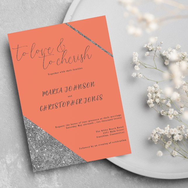 Invitation Écriture classique argent parties scintillant oran (Classic script silver glitter orange glam Wedding )