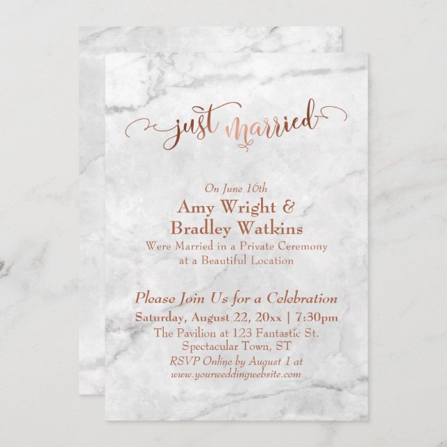 Invitation Écriture "Copper Just Married" sur Marbre Blanc (Devant / Derrière)