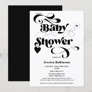 Invitation Écriture de coeur blanc noir moderne baby shower g