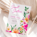 Invitation Écriture de fleurs sauvages brillantes Sweet 16<br><div class="desc">Illustration de fleurs d'été modernes et brillantes avec une fleur sauvage assez surdimensionnée et un script de brosse douce invitation de fête de 16 ans avec une typographie de calligraphie moderne avec des fleurs de néon rose,  orange,  vert et jaune sur un arrière - plan blanc modifiable.</div>