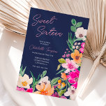 Invitation Écriture de fleurs sauvages brillantes Sweet 16<br><div class="desc">Illustration élégante de fleurs d'été modernes et brillantes avec fleur sauvage assez surdimensionnée et script de brosse douce invitation de fête de 16 ans avec une typographie de calligraphie moderne avec des fleurs de néon rose,  orange,  vert et jaune brillant sur un arrière - plan bleu marine modifiable.</div>