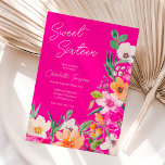 Invitation Écriture de fleurs sauvages brillantes Sweet 16<br><div class="desc">Illustration de fleurs d'été modernes et brillantes avec une fleur sauvage assez surdimensionnée et un script de brosse douce invitation de fête de 16 ans avec une typographie de calligraphie moderne avec des fleurs de néon rose,  orange,  vert et jaune sur arrière - plan rose néon.</div>