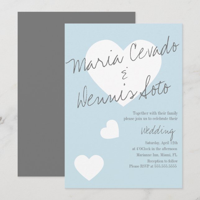 Invitation Écriture de lettre à cœur flottant Mariage Bleu Gr (Devant / Derrière)