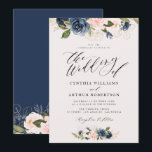 Invitation écriture de lettres de la marine florale et de l'm<br><div class="desc">Un design élégant avec des lettres en noir,  du bleu marine et des fleurs d'aquarelle rougissantes.
Vous pouvez modifier le libellé,  la taille du texte,  les couleurs et la police de cette invitation de mariage.</div>